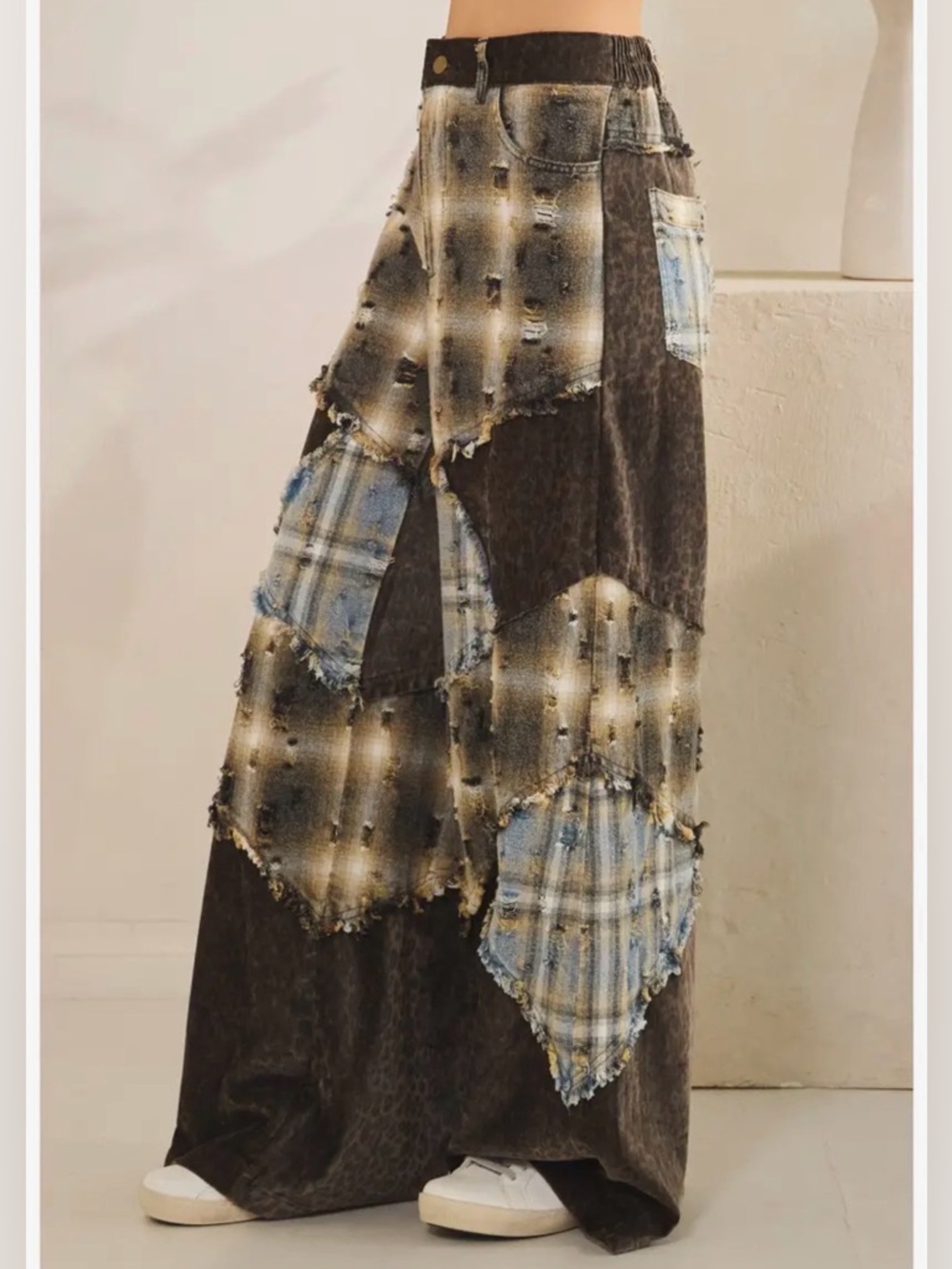 NEW Oli & Hali Washed Plaid Leopard Detail Patchwork Pants - Picture 4 of 10